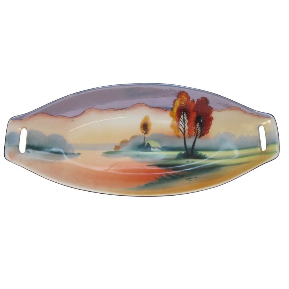 Chikaramachi Lusterware Hand Painted Trees House by Lake Scene Oval Celery Dish